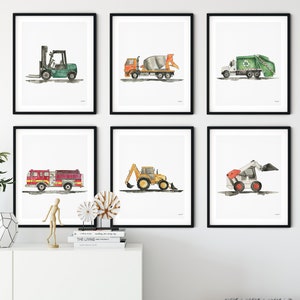 VERTICAL Set of 6 Construction Vehicle Art, Kids Gallery Wall Set, Truck Wall Art, Transportation Art Nursery, Watercolor Construction Truck