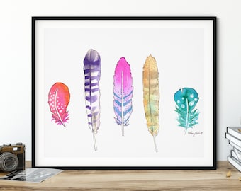 Feather Watercolor Painting, Feathers Wall Art, Farmhouse Decor, Boho Chic, Nursery Home Decor, Boho Decor Watercolor Feather, Feather Print