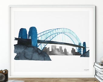 Sydney Harbour Bridge akvarellmålning, Sydney konsttryck, Sydney Australien stadslandskap, resor, Sydney reseaffisch, Australien tryck