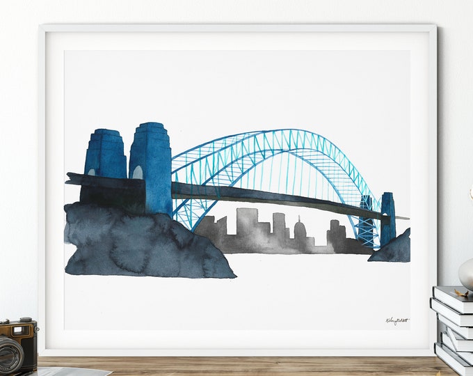 Sydney Harbor Bridge Watercolor Painting, Sydney Art Print, Sydney Australia Cityscape, Travel, Sydney Travel Poster, Australia Print