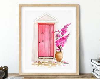 Doors of Mykonos, Watercolor Painting, Greece Painting, Mykonos Painting, Greece Print Watercolor Santorini Travel Print, Greece Watercolour