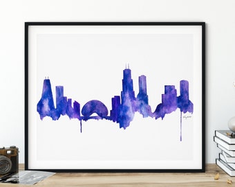 Horizonte de Chicago, paisagem urbana de Chicago, impressão de arte de Illinois, pôsteres de mapa da cidade de Chicago, presente de viagem, pintura em aquarela, impressão de arte da cidade de viagem