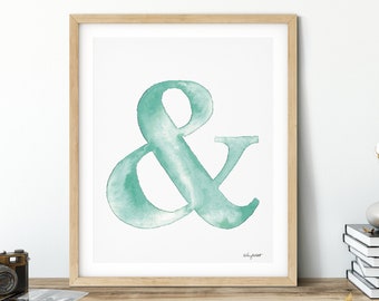 Typographic Ampersand Watercolor Painting, Ampersand Print, Typography Print, Type Art Print Ampersand Watercolor Print, Ampersand Sign Mint