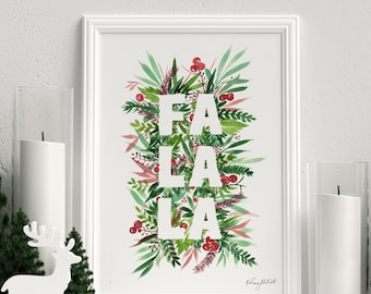 FA LA LA Botanical Holiday Art, Watercolor Painting, Pine Leafs & Berries Holiday Decor, Christmas Wall Art, Christmas Foliage, Holiday Art