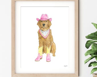 Cowgirl Golden Retriever Art Print, Girls Western Room Decor, Watercolor Dog Wall Art, Pink Yellow Cowboy Boots and Hat