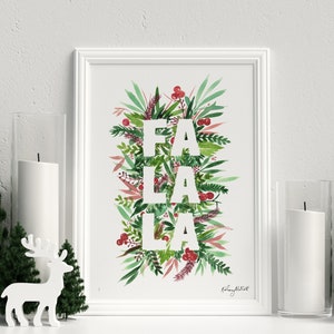 FA LA LA Botanical Holiday Art, Watercolor Painting, Pine Leafs & Berries Holiday Decor, Christmas Wall Art, Christmas Foliage, Holiday Art