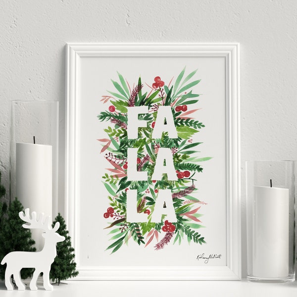 FA LA LA Botanical Holiday Art, Watercolor Painting, Pine Leafs & Berries Holiday Decor, Christmas Wall Art, Christmas Foliage, Holiday Art