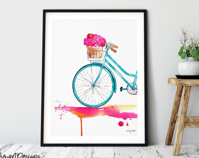 Bicycle Flower Basket Illustration, Bicycle Wall Art, Bicycle Print, Floral Bicycle Print, Cycling Poster, Bike Print, Bicycle Basket Art