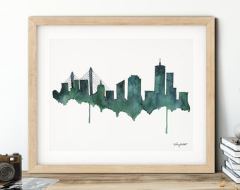 Boston Skyline Druck, Boston Massachusetts Stadtbild, Boston Aquarell, Boston Poster, moderne Wandkunst, Wohnkultur, Aquarell