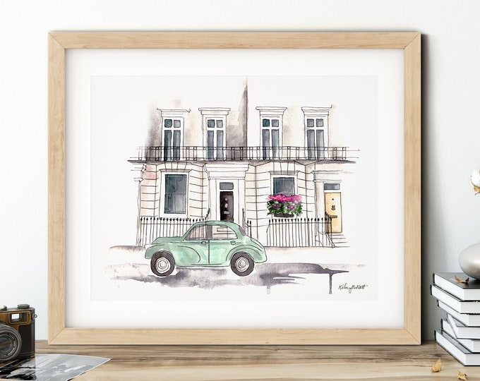 Notting Hill London Painting, London Print, Travel Art, Watercolor Painting, London UK, Neighborhood Pastel Buildings, London Skyline Print