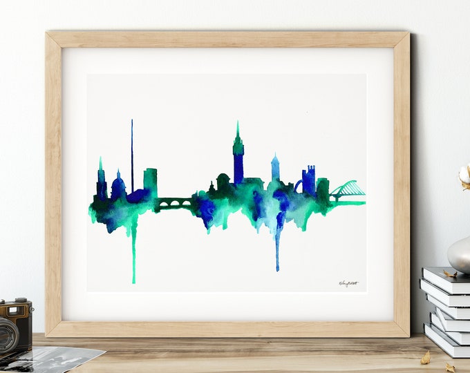 Dublin Ireland Skyline Print, Dublin Cityscape, Travel Poster, Watercolor Painting, Abstract Skyline Art, Dublin Travel Gift, City Map Print