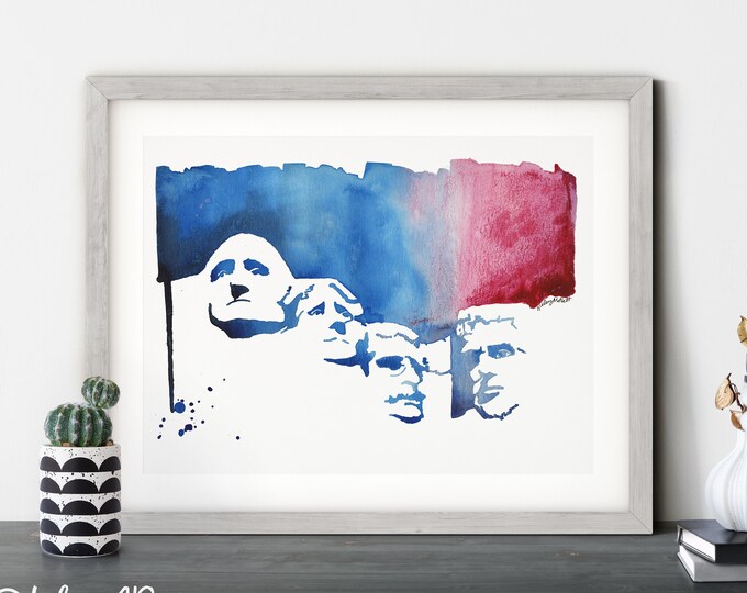 Red White Blue Mount Rushmore Wall Art, USA Painting, 4th of July Decor, National Memorial Travel Poster, Watercolor Painting National Parks