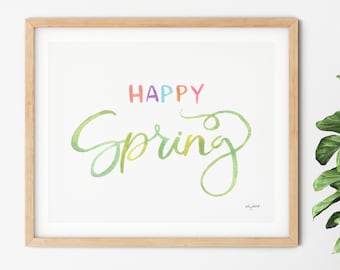 Happy Spring Print, Spring Sign Farmhouse, Pastel Home Decor, Watercolor Painting, Spring Wall Art, Pastel Decor, Easter Quote Wall Art