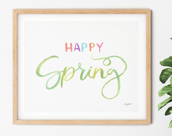 Happy Spring Print, Spring Sign Farmhouse, Pastel Home Decor, Watercolor Painting, Spring Wall Art, Pastel Decor, Easter Quote Wall Art