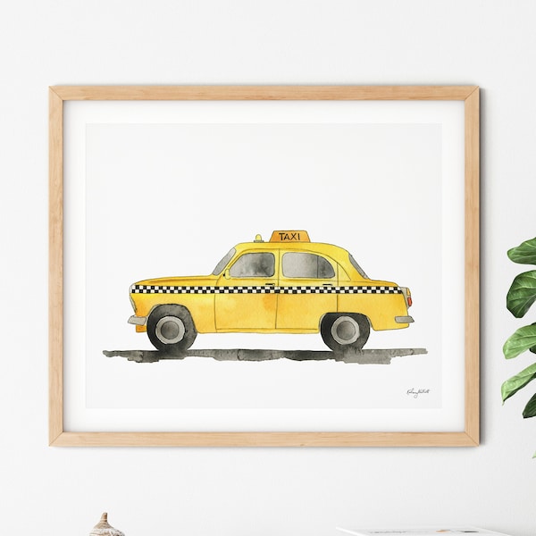 Taxi Cab Wall Art, Yellow Taxi Decor, Toddler Boy Room Decor, Boy Bedroom Art, Watercolor Painting, Transportation Vehicle Art, Vintage Car