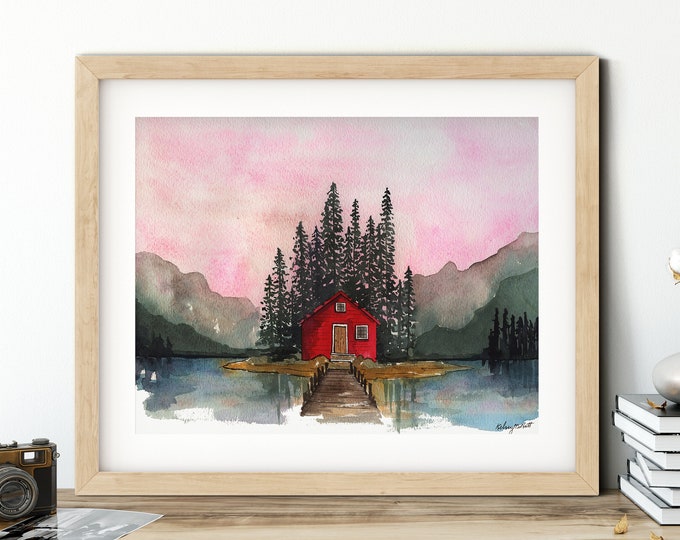 Canada Travel Print, Landscape Mountain Modern Art, Watercolor Painting, Mountain Landscape, Evergreen Trees, Cabin Home Decor, Woodland