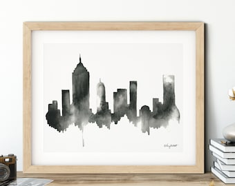 New York City Skyline Print, Black NYC Cityscape, NYC Skyline Painting, Watercolor Painting, New York City Travel Poster, NYC Travel Gift
