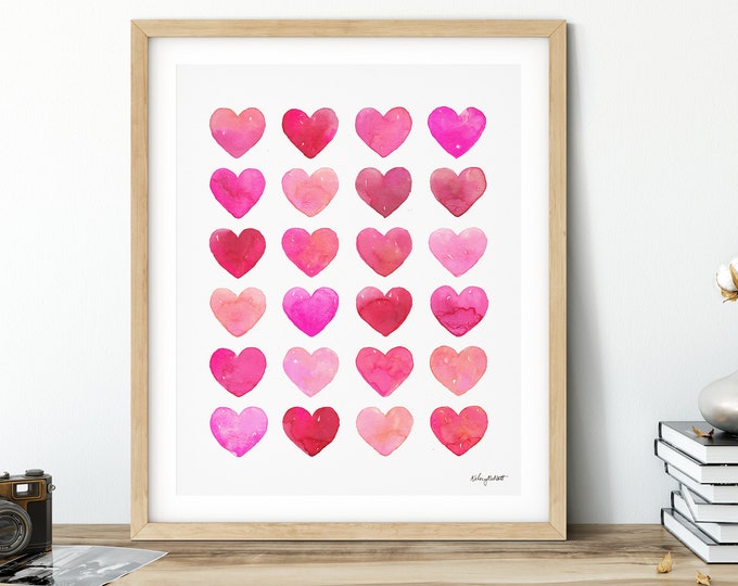 Pink and Red Heart Print, Valentines Day Print, Love Wall Art, Classroom Decor, Valentines Decor, Watercolor Valentines Sign, I love you Art