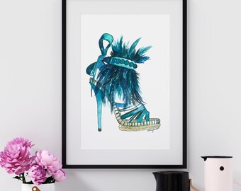 Teal High Heel Wall Art, Fashion Illustration, Watercolor Painting, Fashion wall art, Shoe Art, Teen Girl Room Decor, Fashion Home Decor