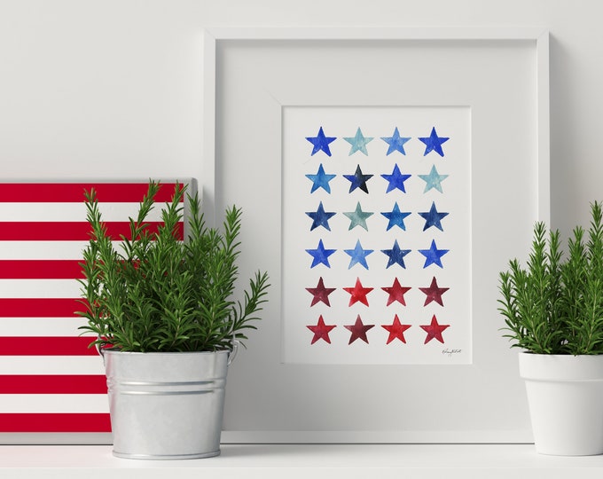 DIGITAL DOWNLOAD - Red White Blue Stars Printable, 4th of July Print, Fourth of July Decor, Stars and Stripes Art, Watercolor Printable