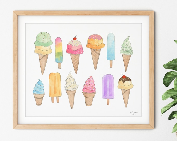 Ice Cream Cone Wall Art, Kids Room Decor, Toddler Girl Room Art, Watercolor Painting, Sweet Treat Decor, Kitchen Decor, Colorful Dessert