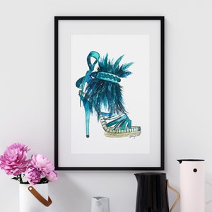 Teal High Heel Wall Art, Fashion Illustration, Watercolor Painting, Fashion wall art, Shoe Art, Teen Girl Room Decor, Fashion Home Decor