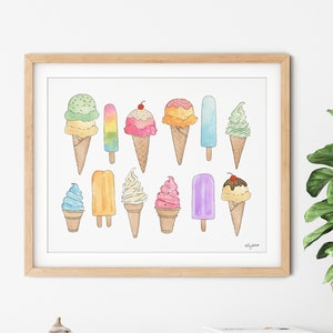 Ice Cream Cone Wall Art, Kids Room Decor, Toddler Girl Room Art, Watercolor Painting, Sweet Treat Decor, Kitchen Decor, Colorful Dessert