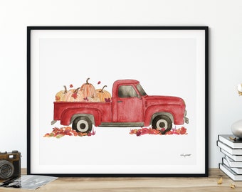 Red Vintage Truck Fall Wall Art, Pumpkin Truck Art Print, Pumpkin Patch Wall Art, Farmhouse Decor, Watercolor Painting, Rustic Fall Decor