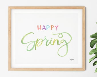 DIGITAL DOWNLOAD - Happy Spring Printable, Spring Sign, Pastel Home Decor, Watercolor Painting, Spring Wall Art, Pastel Decor, Easter Quote