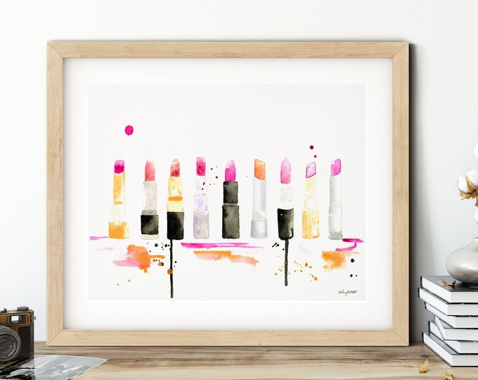 Lipstick Fashion Wall Art, Pink Lipstick, Fashion Illustration, Makeup Art Print, Lip Art Print, Girl Bathroom Decor, Teen Girl Wall Decor