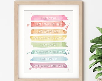 Kids Affirmations Chart, Affirmation Wall Art, Kid Room Wall Art, I Am Kind Smart Loved, Playroom Decor, Classroom Poster, Rainbow Decor