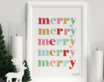 Merry Merry Holiday Print, Watercolor Painting, Pastel Christmas Print, Holiday Decor, Christmas Print Colorful Christmas Art, Holiday Quote