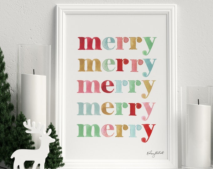 Merry Merry Holiday Print, Watercolor Painting, Pastel Christmas Print, Holiday Decor, Christmas Print Colorful Christmas Art, Holiday Quote