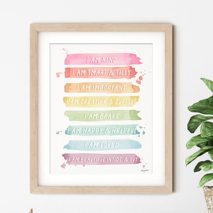 Kids Affirmations Chart, Affirmation Wall Art, Kid Room Wall Art, I Am Kind Smart Loved, Playroom Decor, Classroom Poster, Rainbow Decor