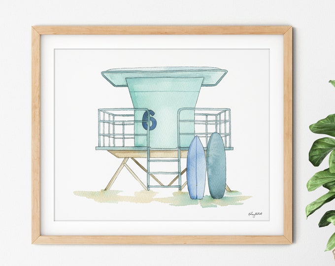 Lifeguard Tower Wall Art, Colorful Beach Surf Art, Watercolor Painting, Beach Decor, Kids Room Decor, Lifeguard Stand, California Wall Art