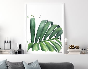 Palm Tree Leaf Print Watercolor Painting, Green Leaves Botanical home decor, Tropical Illustrations, Minimalist Abstract Art, Gift for her