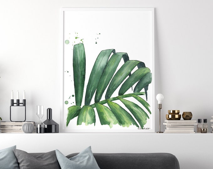 Palm Tree Leaf Print Watercolor Painting, Green Leaves Botanical home decor, Tropical Illustrations, Minimalist Abstract Art, Gift for her