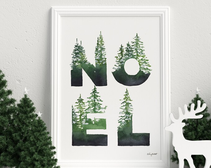 Noel Christmas Print, Holiday Decor, Christmas Tree Art Print, Watercolor Painting, Noel Holiday Print, Holiday Art, Christmas Noel Sign