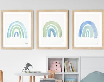 Set of 3 Blue Rainbow Prints, Rainbow Wall Art, Kids Room Wall Art, Boho Rainbow Nursery Prints, Nursery Art, Abstract Watercolor Painting
