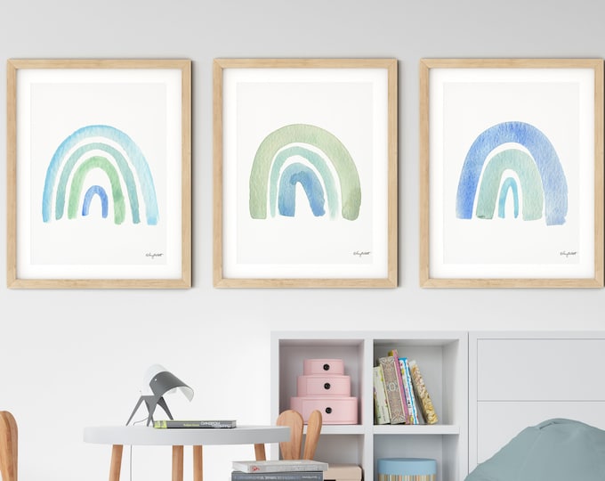 Set of 3 Blue Rainbow Prints, Rainbow Wall Art, Kids Room Wall Art, Boho Rainbow Nursery Prints, Nursery Art, Abstract Watercolor Painting