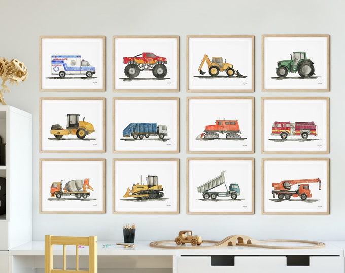 Set of 12 Construction Vehicle Prints, Kids Gallery Wall Set, Truck Wall Art, Transportation Print Nursery, Watercolor Painting Truck Prints