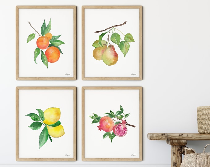 Fruit Set of 4 Watercolor Painting, Kitchen Wall Art, Oranges Lemons Pears Pomegranates, Gallery Wall Set, Kitchen Decor Fruit Prints