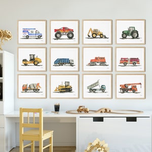 Set of 12 Construction Vehicle Prints, Kids Gallery Wall Set, Truck Wall Art, Transportation Print Nursery, Watercolor Painting Truck Prints