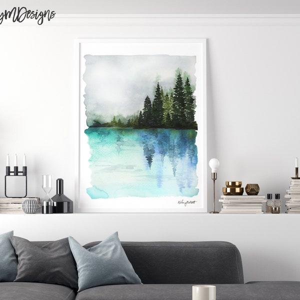 Misty Waters Blue - Watercolor painting, Forest Print, Nature Print, Landscape Art, Home Decor, Wall Art, Tree, Living Room Decor, Woodland