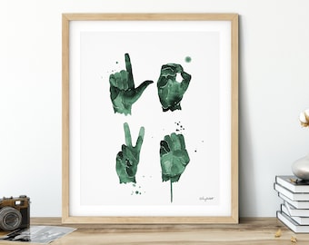 Love Sign Language Print, ASL Love Art,  Valentines Day Art Print, Valentines Decor, Watercolor Valentines Sign, Love Print, kids room decor