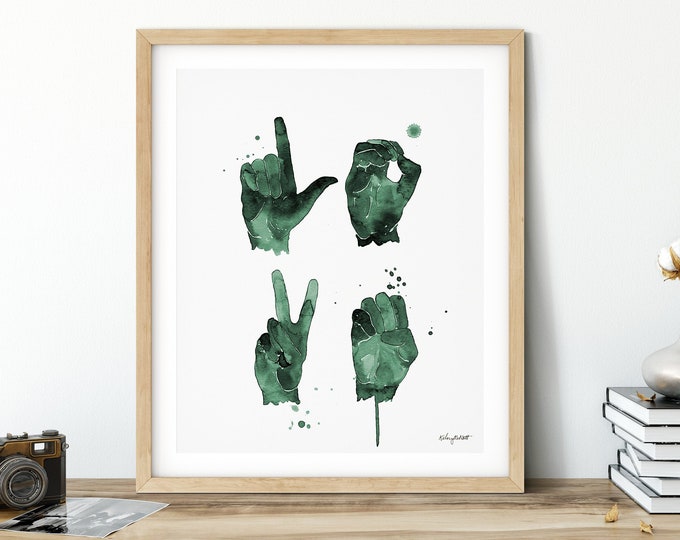 Love Sign Language Print, ASL Love Art,  Valentines Day Art Print, Valentines Decor, Watercolor Valentines Sign, Love Print, kids room decor