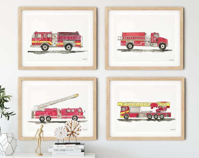 Set of 4 Fire Truck Wall Art, Kids Gallery Wall Set, Truck Art Prints, Fire Truck Print Nursery, Watercolor Painting, Fire Engine Decor