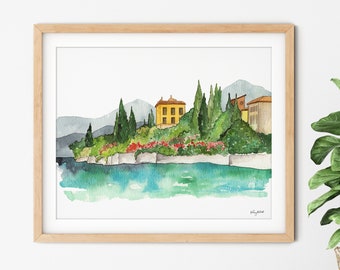 Lake Como Art, Italy Wall Art, Villa Monastero, Varenna Art Print, Watercolor Painting, Italy Painting, Watercolor Italy, Travel Poster