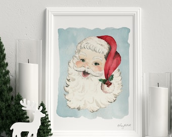 Christmas Santa Art Print, Vintage Christmas Wall Art, Watercolor Painting, Holiday Wall Art, Vintage Santa, Farmhouse Christmas Decor