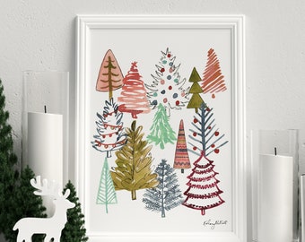 Christmas Tree Art Print, Christmas Wall Art, Seasonal Home Decor, Pastel Christmas Decor, Watercolor Christmas sign, Colorful Holiday